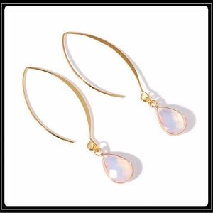 14k gold iridescent opal stone drop hook oval stone bohemian hippie earrings